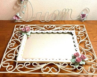 Dreamy vintage French Style Tole Mirror with Pink Roses and Braided Metal - Vintage Wall Decor, French Country Farmhouse, Elegant Home decor