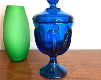 Mid Century Viking #6812 Bluenique candy dish, Early Epic Six Petal, Dark blue Covered Candy dish, 8 inches, American glassware footed dish.