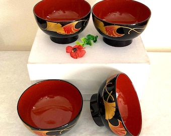 Set of 4 Vintage Shōwa Era Japanese Lacquerware Soup Bowls, Black & Gold Maki-e Ginkgo Leaf, Small Serving tableware set, Asian kitchenware.