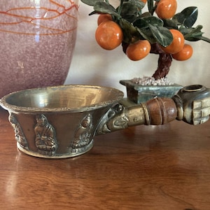 Antique Chinese Silk Iron with Cloisonne Enamel - Wooden Handle & Chinese pictorial symbols, vintage Asian decor, Unique Chinese home decor.