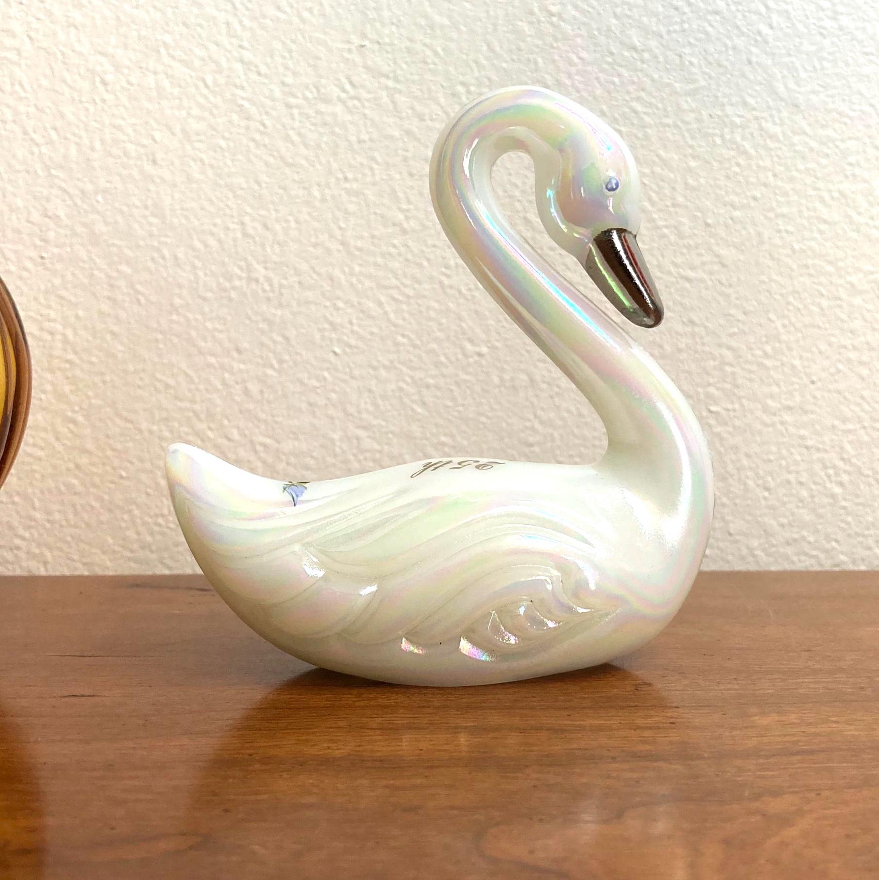 Vintage 1980s JK Spindler Fenton white Opalescent Blue Swan, Hand Painted 25th Anniversary collectible, Artist Signed, glass bird figurines.
