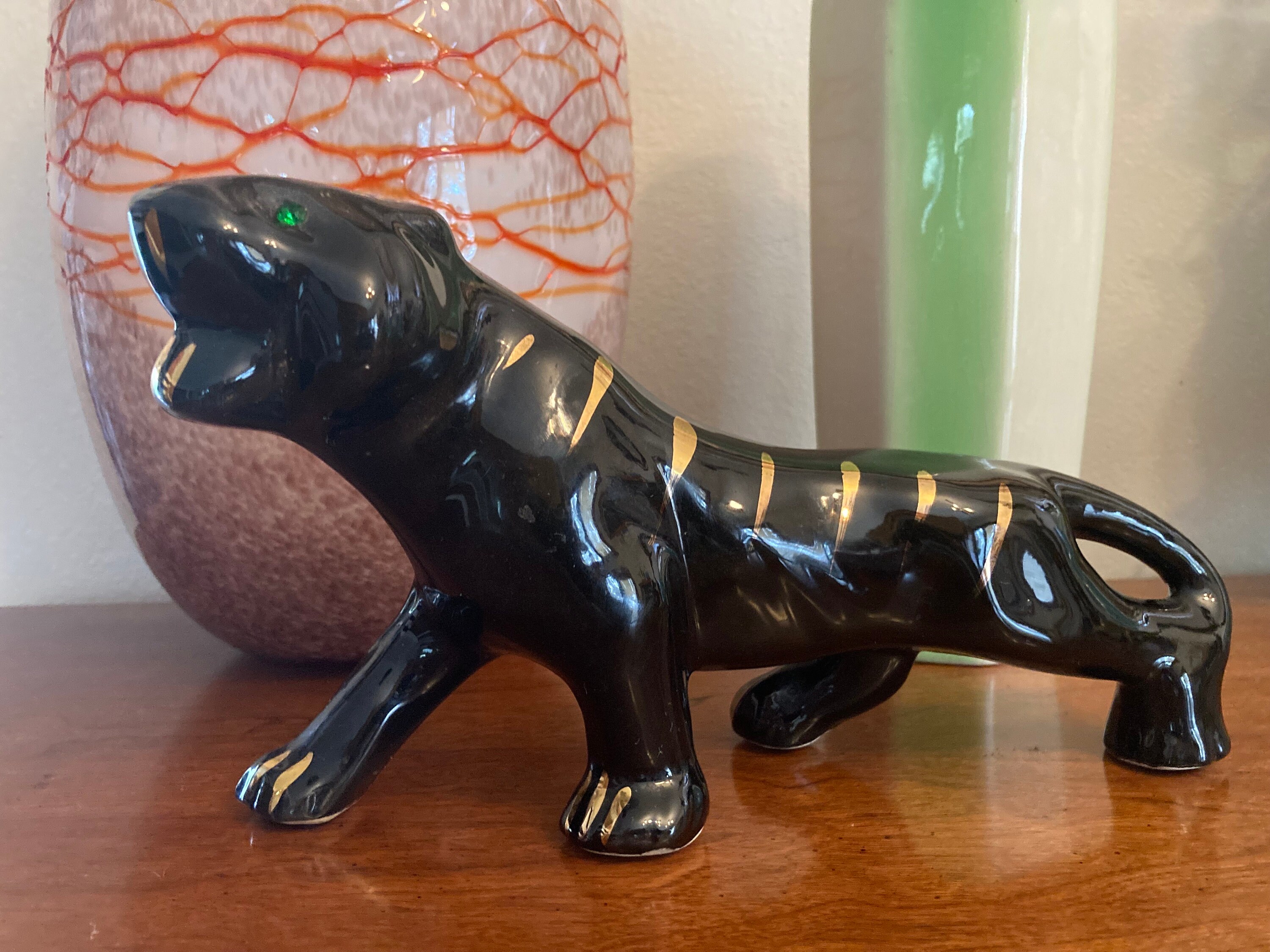 1950 MCM 10” Black Ceramic Crouching Stalking Panther With Green