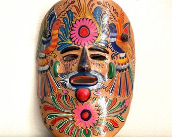 Vintage Mexican Aztec festival wall Mask, Clay hand painted face, bird floral design, terracotta pottery Mexico, tribal indigenous wall art.