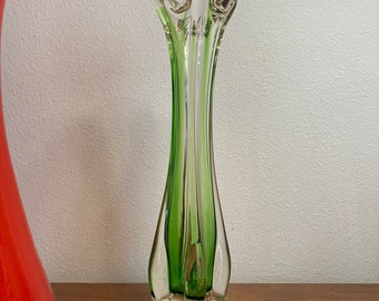 Vintage Hand blown Groovy MCM Vintage Clear and Green Stretch 4 Finger Swung Art Glass Vase with four bulbous corners. Beautiful in the sun!