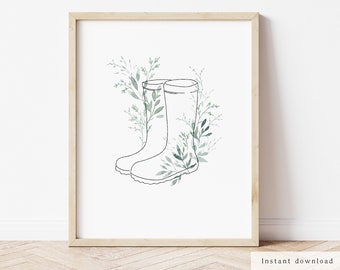 Lámina artística de botas de agua botánicas, arte mural imprimible, botas de lluvia con follaje en acuarela, descarga instantánea, arte mural de estilo rústico • Obra de arte original