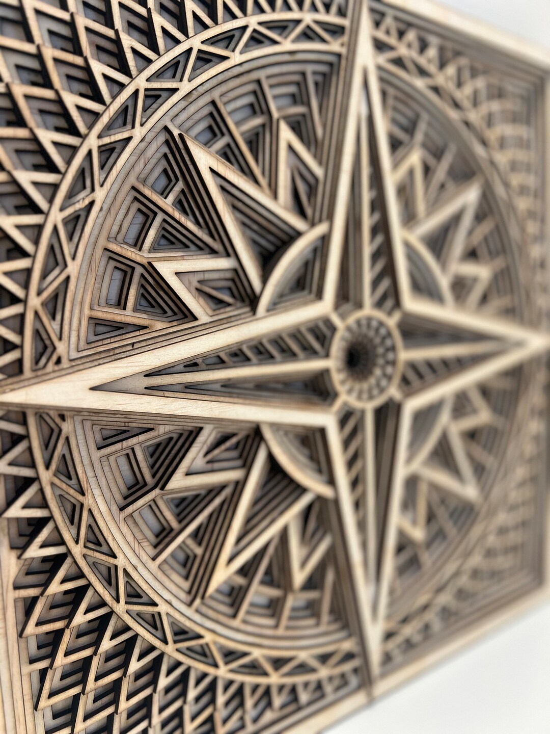 Geometric Compass - Handcrafted Layered Wood Wall Art - 15wx15h Inches ...