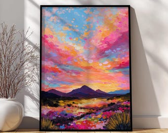 Lámina decorativa con paisaje de montaña al atardecer a todo color – Decoración vibrante para el hogar (Descarga digital)