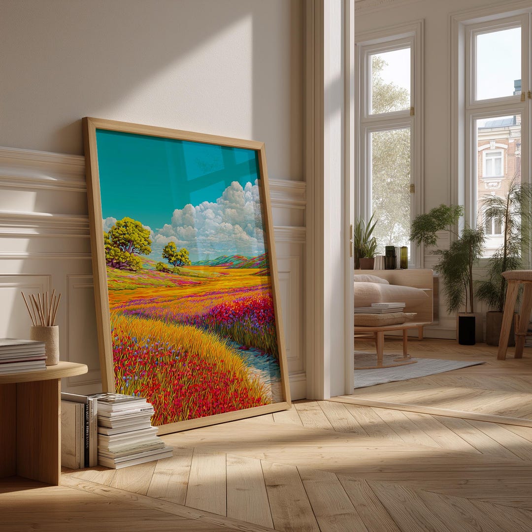 Bright Floral Landscape Wall Art Set of 2, Colorful Meadow and Nature ...