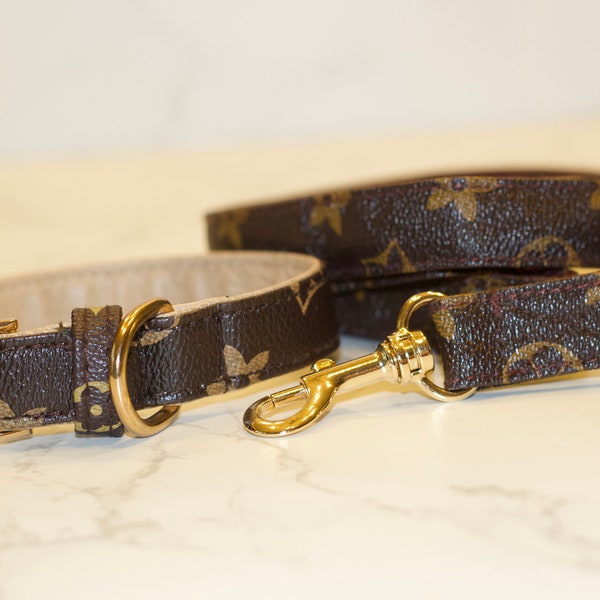 Ensemble collier et laisse pour chien de luxe marron fleurs