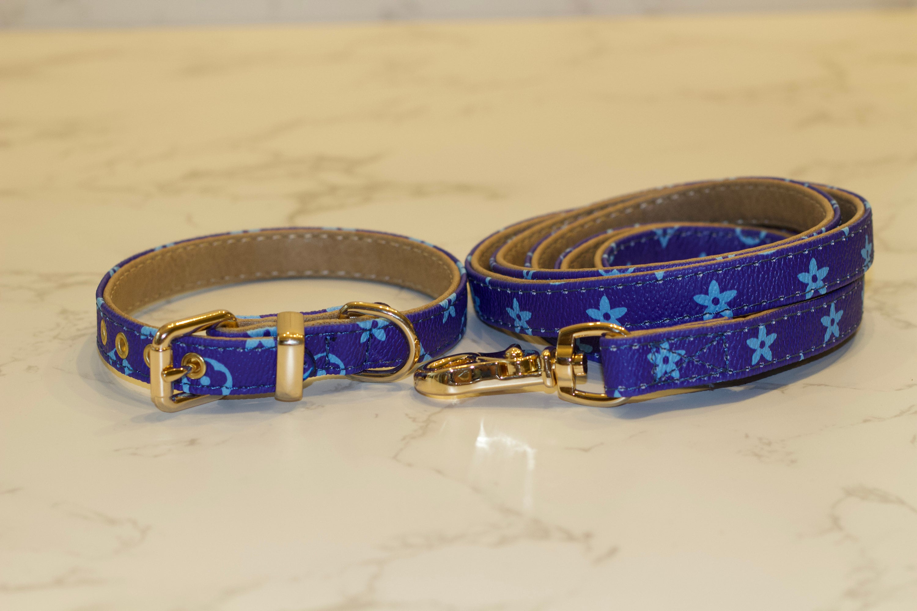 Blue Designer Style Dog Collar and Leash Set 