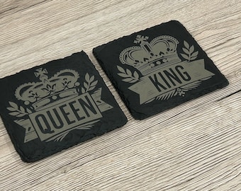 2 unique laser engraved slate coasters with &quot;King and Queen&quot; motif 100 x 100 mm