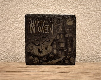 4 unique laser engraved slate coasters with &quot;Happy Halloween&quot; motif 10 x10 cm