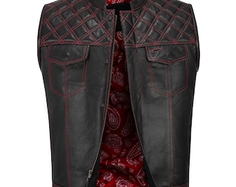 Red Diamond Stitched Leather Biker Vest: Custom MC Club Vest