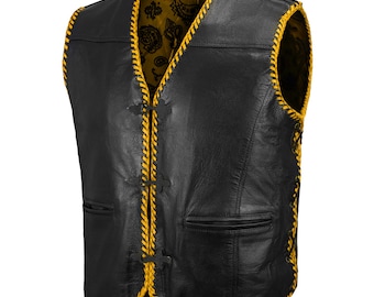 Handmade Gold Ribbed Buffalo Leather Motorcycle Vest: Custom Club Vest