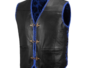 Blue Ribbed Buffalo Leather Motorcycle Club Vest: Custom Biker Vest