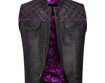 Purple Diamond Stitched Leather Biker Vest: Custom MC Club Vest