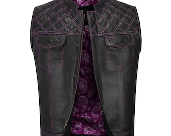 Pink Diamond Stitched Leather Biker Vest: Custom MC Club Vest