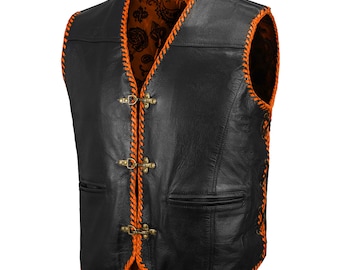 Orange Ribbed Buffalo Leather Motorcycle Vest: Custom Club Design