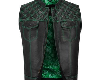 Chaleco de motociclista de cuero con costuras de diamante verde: estilo club de motociclistas