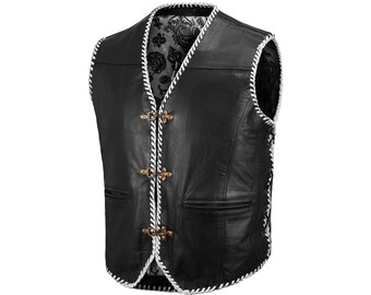White Ribbed Buffalo Leather Vest: Customizable Biker Club Style