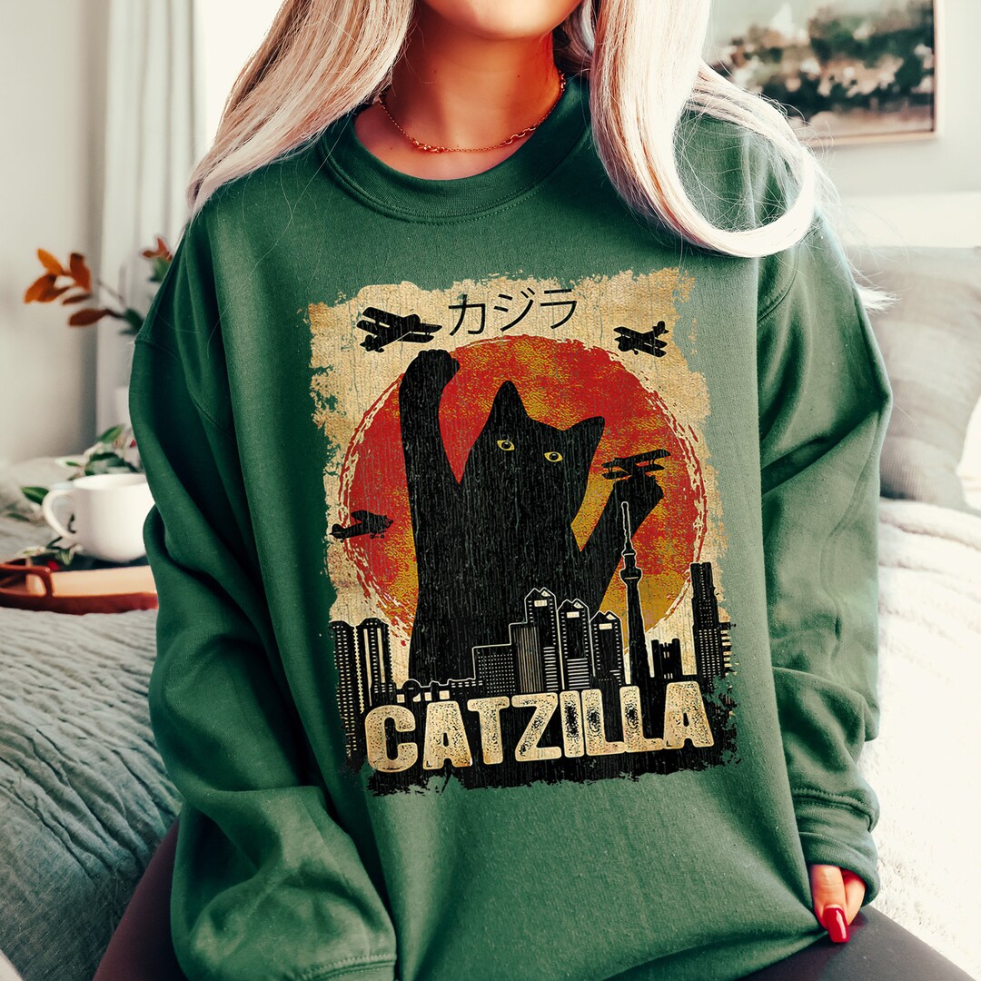 Catzilla Sweatshirt, Black Cat Sweater, Meow Sweatshirt, Crazy Cat Lady Sweatshirt, Cute Anime