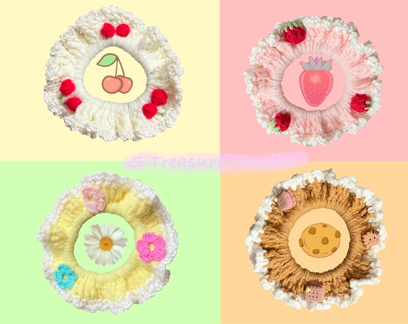 May include: Four crocheted hair scrunchies with different designs. The first scrunchie is white with red cherries, the second is pink with strawberries, the third is yellow with flowers, and the fourth is brown with a cookie design.