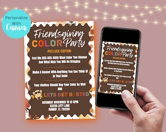 May include: A Friendsgiving party invitation with a brown and white design. The invitation includes the text "Friendsgiving COLOR Party" and event details. A smartphone displays the same invitation.