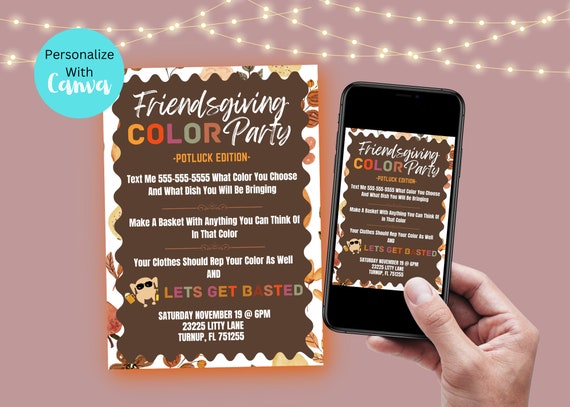 Friendsgiving Color Party Invitation, Editable Thanksgiving Evite Template