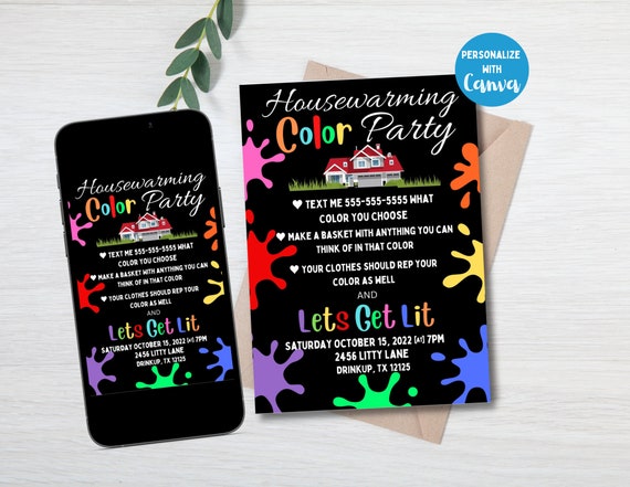 Housewarming Color Party Invitation, Editable Canva Template (Digital Download)