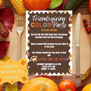 May include: A Friendsgiving Color Party invitation with text, surrounded by fall harvest elements. The invitation includes the text "Friendsgiving COLOR Party" and event details. Pumpkins, apples, and corn are scattered around the invitation.