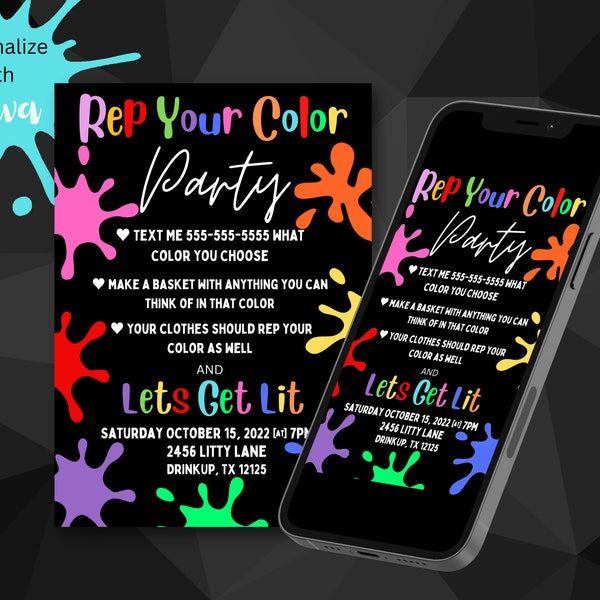 Invitation de fête de couleur, modèle modifiable en ligne, fête arc-en-ciel, défi de fête TikTok, fête de peinture EVITE, téléchargement d'invitation de fête adulte