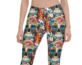 Sugar Skull Capri Leggings, Cinco de Mayo Yoga pants, Floral Skull lounge wear, Cinco de Mayo Capris, Floral Capri Leggings