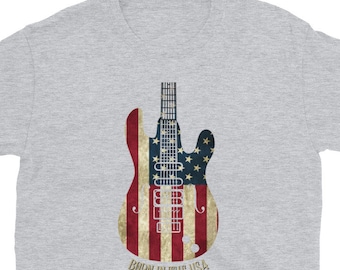 Born in the USA Guitar, American Guitar player, Red White and Blue Guitar Tee, Guitar American Flag Short-Sleeve Unisex T-Shirt