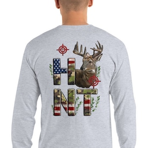 Deer Hunting Shirt with American Flag, Bow Hunting T-shirt, American Hunter Shirt, Hunting Gear, Hunting Gift Men’s Long Sleeve Shirt