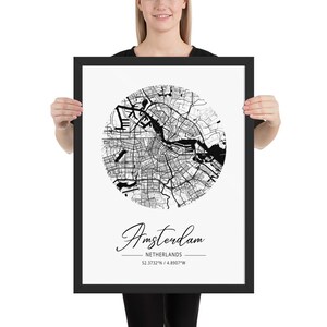 Carte d'Amsterdam encadrée, art encadré des Pays-Bas, art mural de carte, carte de décoration moderne, affiche photo encadrée en papier
