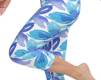 Blau und Lila Blumen Yoga Capri Leggings, Tropische Blumen Yoga Hose