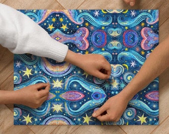 Resumen de la noche estrellada, cielo nocturno, estrellas arremolinadas y luna Rompecabezas