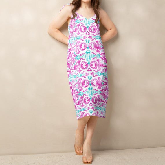 Lilly inspired tropical floral slip dress, Pink BoHo Batik silky soft tie strap midi dress. Ships from USA!