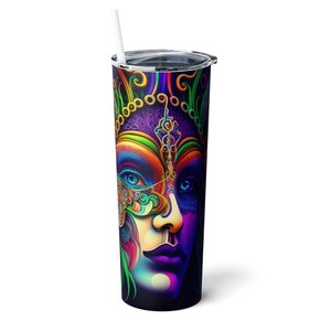 Mardi Gras Masque Mince Tumbler en acier avec paille, 20oz, Mardi Gras Party Steel Travel Flask