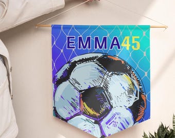 Personalized Soccer Pennant banner, custom wall hanging. Soccer player glory wall decor pennant. Add player Name and shirt Number