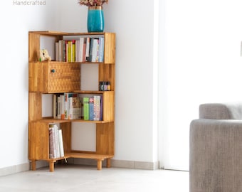 Oak corner shelf with display cabinet | Handmade Corner Bookcase | Solid Oak Corner Shelf with Cabinet | Corner Showcase | Small space storage