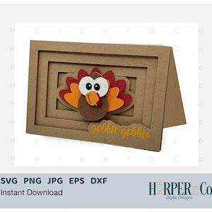 Thanksgiving Turquie carte de voeux 3D, carte d'ombre, fichier SVG Cricut, Silhouette, carte en couches SVG, fichier coupé, SVG, carte d'anniversaire, automne, automne
