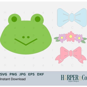 Frog SVG, Cute Animal Head, flower headband, hair bow, cricut, silhouette, sublimation PNG, Clip art, layered paper craft, vinyl cut file image 1