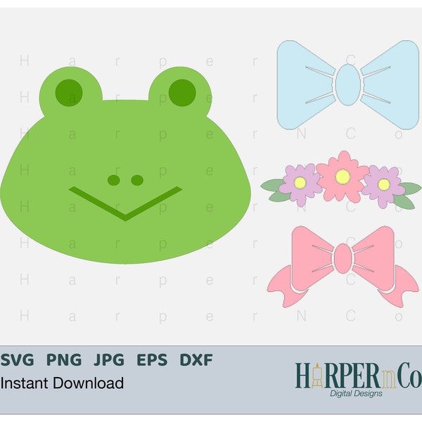 Frog SVG, Cute Animal Head, flower headband, hair bow, cricut, silhouette, sublimation PNG, Clip art, layered paper craft, vinyl cut file