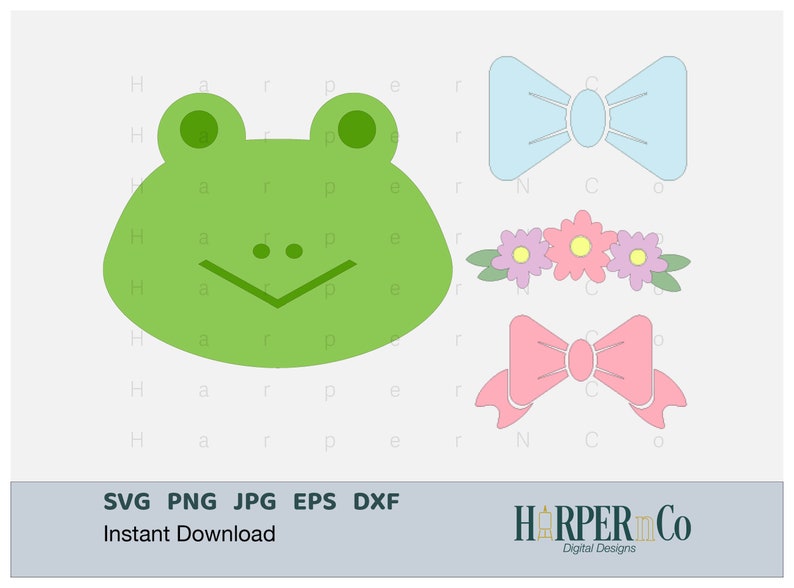 Frog SVG, Cute Animal Head, flower headband, hair bow, cricut, silhouette, sublimation PNG, Clip art, layered paper craft, vinyl cut file image 1