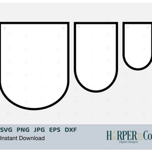 Puede incluir: Tres formas de contorno negro y blanco de pancartas con fondos redondeados y una parte superior puntiaguda. Las pancartas son de diferentes tamaños y están dispuestas de la más grande a la más pequeña.