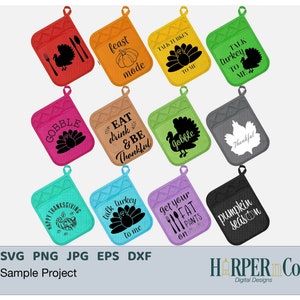 May include: Set of 10 Thanksgiving themed oven mitts. The mitts are in various colors and feature different Thanksgiving designs, including turkeys, pumpkins, and leaves. The text on the mitts includes phrases like "Gobble", "Talk Turkey to Me", and "Feast Mode".