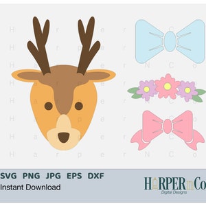 Cerf mignon portant un nœud papillon SVG, Baby Animal Clip Art, tête de cerf, fichiers de coupe de visage de cerf pour sublimation cricut cameo silhouette PNG PDF eps
