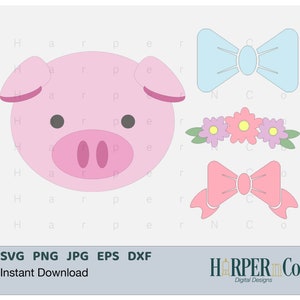Testa di maiale carina, maiale con fiori, fiocco di pelo di maiale, papillon di maiale, Cricut Silhouette Cut File, sublimazione file di immagine clip art in formato SVG PNG pdf eps dxf