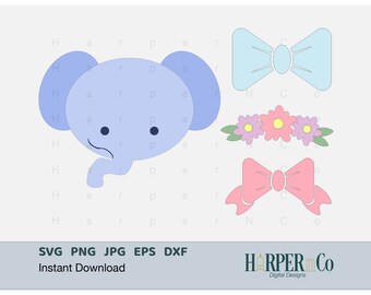 Elephant SVG, Jungle Animal, flower headband, hair bow, cricut, sublimation PNG, silhouette, Clip art, layered paper craft, cute cut file